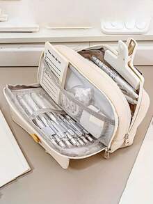 1 件纽扣闭合可爱帆布铅笔盒，大容量文具收纳袋，学生礼物，DIY 化妆包，便捷旅行手提包 - 返校 - 彩色 - 查看 7