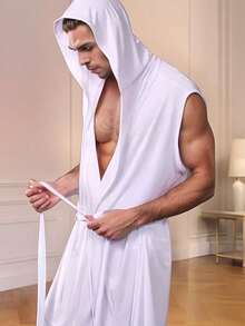 Men's Pajamas Summer Thin Pure Black And White Hooded Robe Two-Color Two-Piece Casual Comfortable Sexy Lazy Feeling Robe - Black and White - View 5