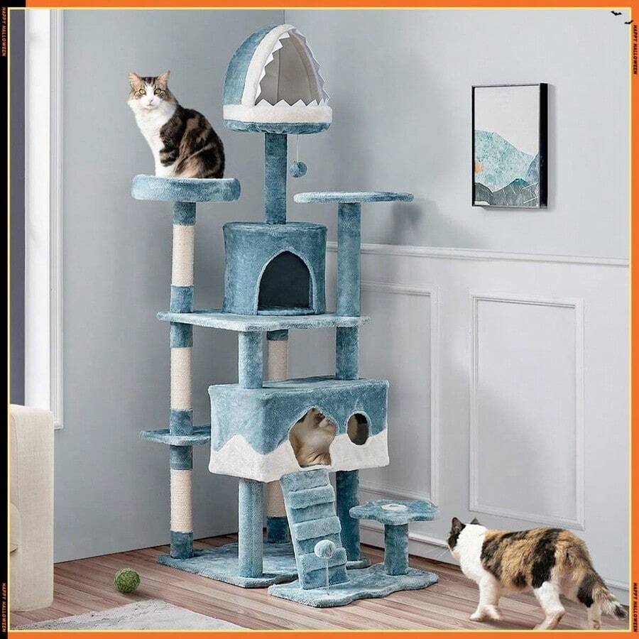 72.5″ H Ocean-Themed Cat Tree With Shark's Mouth Bed Fish-Shaped Perch , Blue & White - Multicolor - View 1