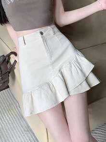 女士休闲拼布荷叶边下摆牛仔迷你裙