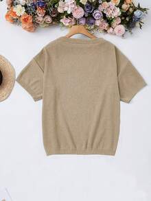2pcs Casual Solid Color Women Knit Pullover Top With Drawstring Waist Shorts Set - Khaki - View 3