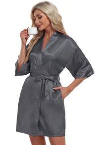 - Albornoces cortos de satén para mujer, para novia, dama de honor, boda, fiesta, ropa de dormir con bolsillos - Gris - Ver 10
