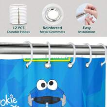 Sesame Street 1 Stück Duschvorhang mit Motiv, wasserdichter Stoff, waschbar, Badzimmer Vorhang in mehreren Größen mit 12 Haken, rutschfester Badteppich, Toilette-U-Pad, Toilette