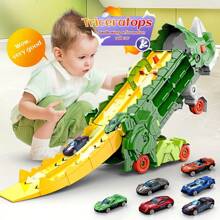 儿童三角龙吞咽变形轨道车发射器合金车滑行收纳玩具车套装，万圣节和圣诞节礼物（包括 4 辆合金车，款式和颜色随机）