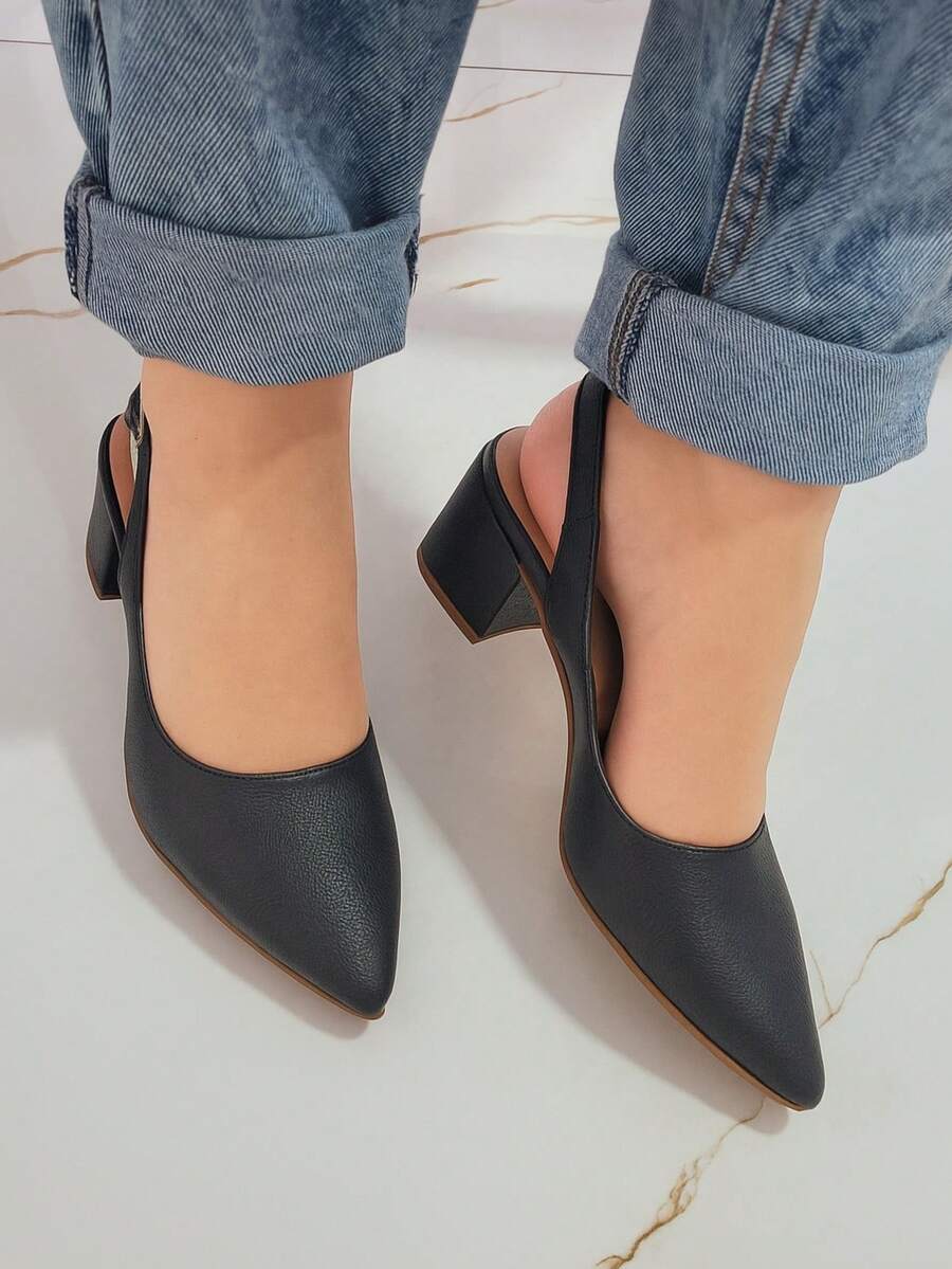 Elegant Block Heel Sandal With Pointed Toe And Open Back - Black - View 1