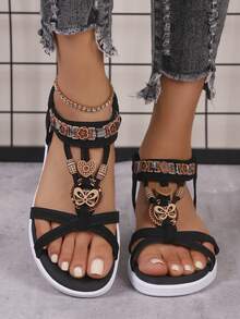 波西米亚经典水钻花朵休闲复古百搭女士坡跟凉鞋，适合海滩