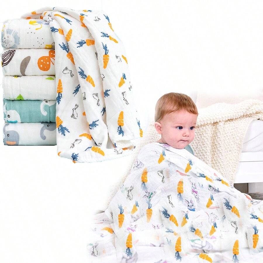 43.3英寸*43.3英寸平纹细布襁褓毯，双层卡通婴儿毯，适合新生儿 - 彩色 - 查看 1