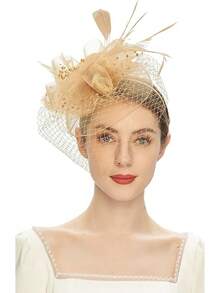 Derby Fascinators Women High Tea Party Hat Wedding Cocktail Flower Headware With Mesh And Feathers - A-金 - 查看 3