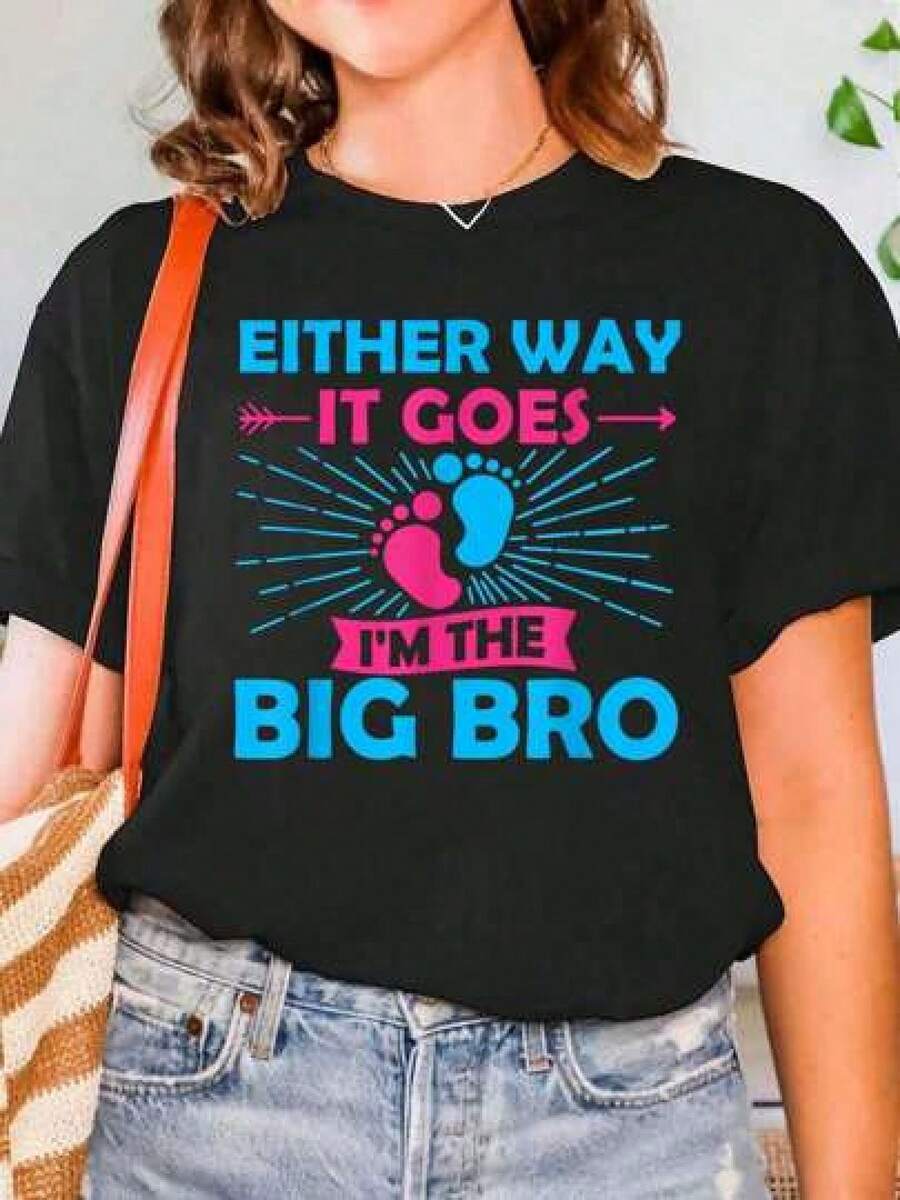 Either Way It Goes I'm The Big Bro Gender Reveal Party T-Shirt Print Crew Neck T-Shirt For Summer, Women's Soft Short Sleeve Top, Stylish Tee For Women Graphic Tees