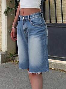 Y2K Streetwear Mid-Waist Distressed Frayed Denim Shorts, Casual Knee-Length Bermuda Shorts With Pocket Detail For Summer - 湖藍色 - 查看 1