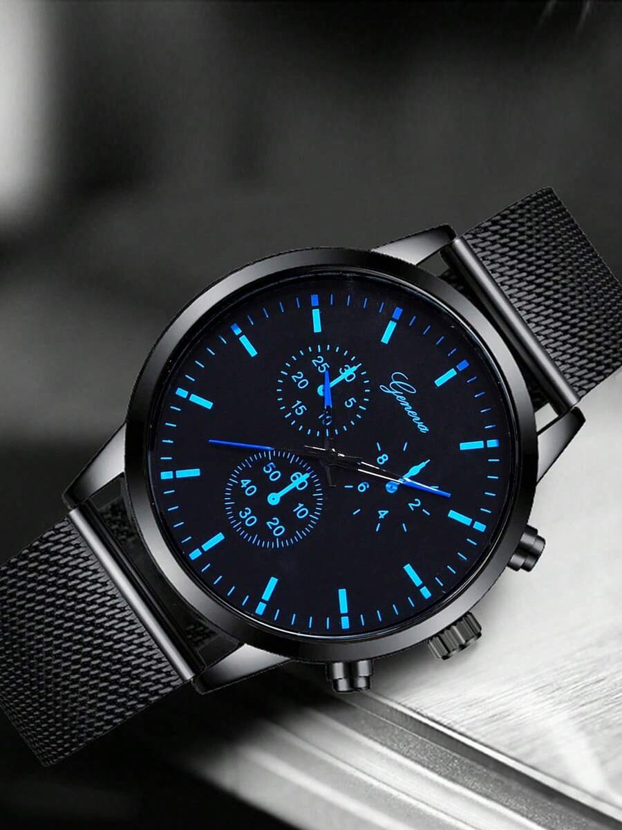 男士休闲石英表，简约圆形表盘，金属网状表带，男士最佳礼物，适合假日和日常佩戴。 - 黑色 - 查看 1