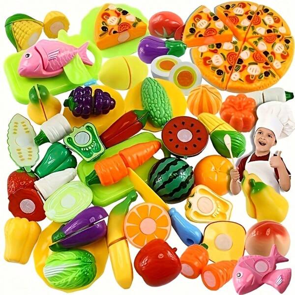 Marphy 25pcs Educational Realistic Fruits & Vegetables Play Kitchen Toys, Kitchenware Cooking Pretend Food Set, Thick & Safe Materials, Cutting & Assembling For Kids Play