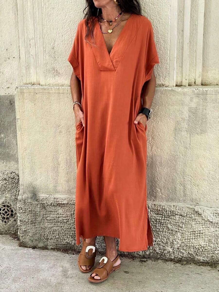 Plus Size Women Deep V-Neck Batwing Short Sleeve Loose Casual Solid Color Dress - Orange - View 1