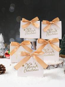 Conjunto de 10 elegantes sacolas de presente com laço, mini caixas de presente com estampa de árvore de Natal branca e a frase "Feliz Natal", ideais para embrulhar presentes de Natal, lembrancinhas de festa natalina, presentes de agradecimento, embalagens para presentes, sacolas para doces, sacolas para chocolates, presentes de Natal, decoração para casa, decoração de quarto, decoração de Ano Novo de 2026, lembrancinhas de casamento e presentes de aniversário. - Branco - Ver 8