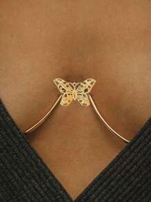 1pc Gold-Color New Sexy Party Butterfly Bustier Body Chain, Rhinestone Decor Chest Bra Chain, Fashion Nightclub Style For Women