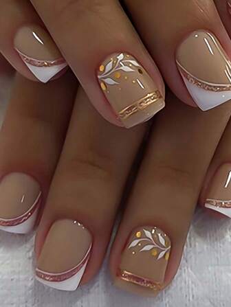 French Manicure Nail Stickers, Short Square Nude Color Fake Nails, White French Pointed Tip Paired With Minimalist Gold Line Design, Glossy Gel Polish Acrylic Manicure, Natural Reusable Nail Glue Set, Nail Art Supplies