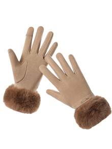 1 双女士保暖手套，人造毛皮袖口保暖内衬，防风，纯色，冬季配饰 - 彩色 - 查看 16