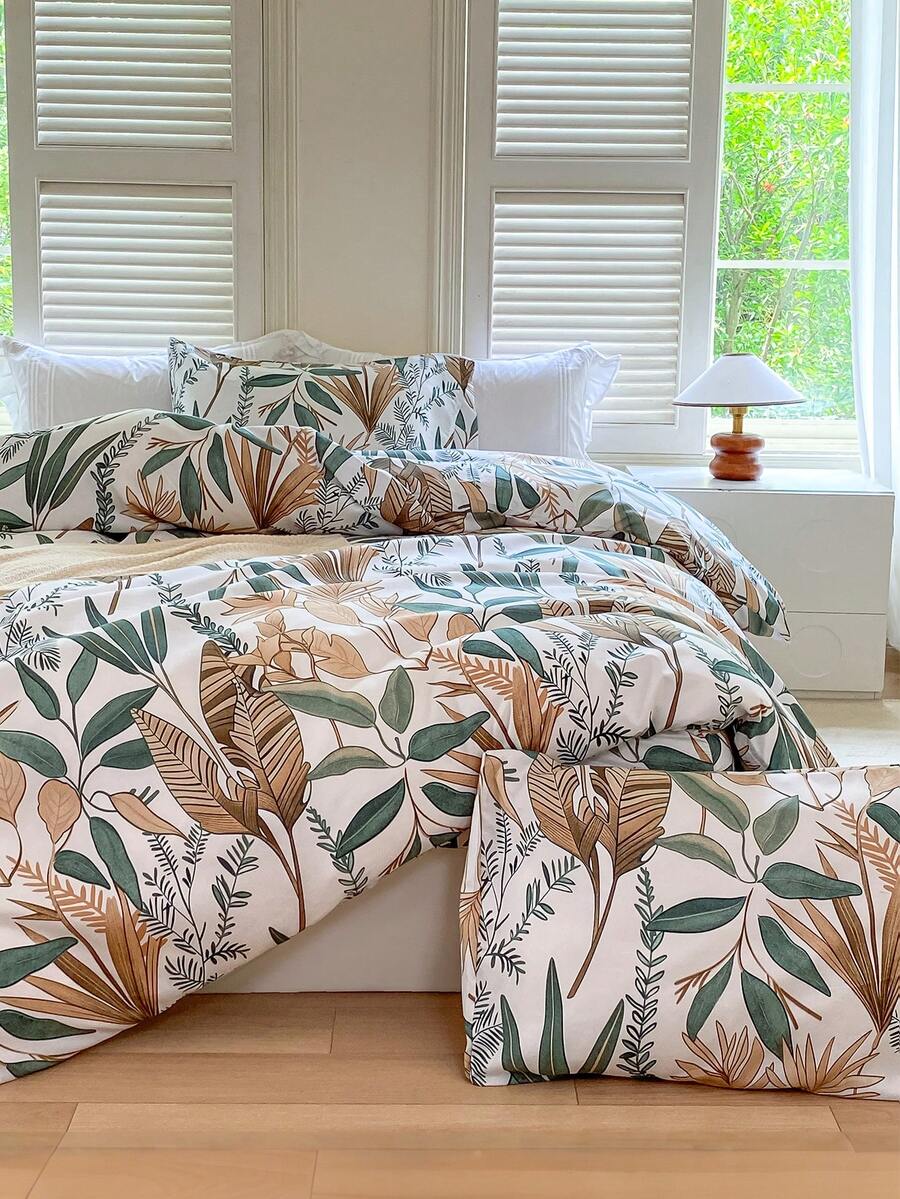 Conjunto de capa de edredom com estampa de folhas florais 3 peças (1 capa de edredom e 2 fronhas), macio e suave para a pele, conjunto de lençóis para casa para todas as estações - Multicolorido - Ver 1