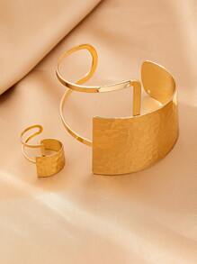 Set de 1 brazalete y anillo de color dorado con diseño geométrico grueso, conjunto de pulseras y anillos a juego, populares en EE. UU. y Europa, juego de regalo para mujer, joyas de metal de color dorado para mujer
