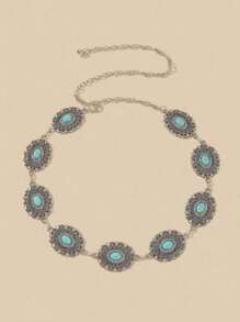 1 buc Lanț de talie argintiu vintage pentru femei, mărime plus, vară, stil boho occidental, cu flori turcoaz sculptate, potrivit pentru blugi, rochii, petreceri, camping, festivaluri