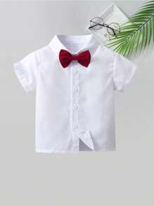 2pcs Baby Boys Gentleman Outfit - Red Suspender Pants And White Shirt With Bow Tie, Suitable For Holidays, Weddings, Parties, New Year Celebrations, And Everyday Wear