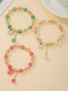Set de 3 piezas de joyería con cuentas: collar con colgante de mariposa de vidrio y resina, pulsera, estilo bohemio, adecuado para uso diario y de fiesta de las mujeres