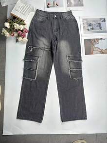 秋季女装春季复古高街牛仔裤女高腰修身水洗做旧直筒裤宽松阔腿裤 - 黑色 - 查看 3
