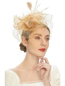 Derby Fascinators Women High Tea Party Hat Wedding Cocktail Flower Headware With Mesh And Feathers - A-金 - 查看 5