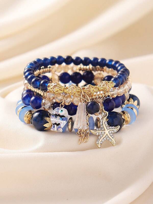 4pcs/Set Bohemian Ocean Style Glass Fish & Starfish Tassel Beaded Stacking Bracelets, Suitable For Women Everyday, Beach, Vacation Wear