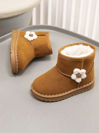 儿童冬季新款碎花雪地靴，幼儿女童厚保暖内衬保暖鞋，适合冬季露营和户外活动（鞋底图案随机）