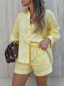 2 件套女士休闲独特简约亮黄色开衫衬衫和短裤套装，秋冬 - 黃色 - 查看 1