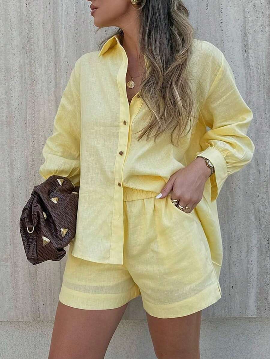 2 件套女士休闲独特简约亮黄色开衫衬衫和短裤套装，秋冬 - 黃色 - 查看 1