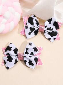 2件套女童奶牛纹蝴蝶结发夹，闪亮可爱蝴蝶结发卡，时尚发饰