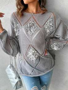 Apperloth A Fall/Winter Clothes For Women Sweater Splicing Sequins Hollow Out Semi-Sheer Rolled Edge Long Sleeve Tops Crew Neck Knit Pullover Without Vest Business Casual Daily Wear Christmas Clothes Old Money Style﻿