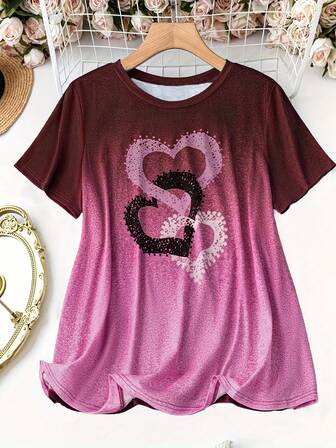 Damt-t-shirt med hjärtformad tryck och tonat tryck för alla hjärtans dag - rund hals, kortärmad