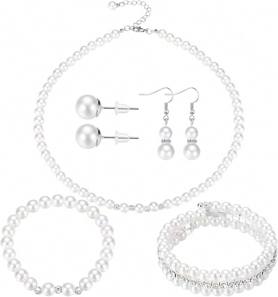 Glenmal Pearl Rhinestone Jewelry Set For Women Pearl Necklace Bracelet Earrings For Wedding Birthday Bridal Shower Tea Party - Novel Style - View 1