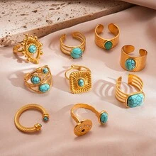 1 件复古绿松石戒指，波西米亚风格镀金合金/不锈钢指环，具有各种形状（方形/圆形/椭圆形）和镶嵌人造绿松石的设计，是一款适合日常佩戴、派对、度假和音乐节的个性堆叠配饰，可作为女性的个性化礼物，重返校园时尚。 - 金色 - 查看 2