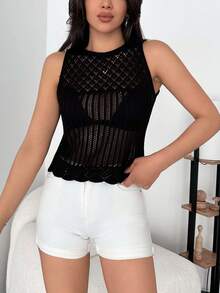 Plain Casual Sheer Women Sleeveless Round Neck Knit Sweater - Black - View 4