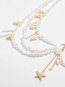 1 件多层海滩度假海螺贝壳海星吊坠腰链女性感比基尼珍珠扇贝身体链