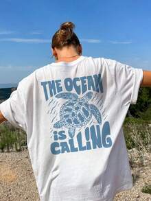 T-shirt blanc à manches courtes ample à col rond avec imprimé tortue et slogan, style décontracté de vacances, convenant aux grandes tailles. Top à la mode pour une utilisation quotidienne et les vacances - Blanc - Voir 6