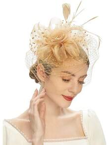 Derby Fascinators Women High Tea Party Hat Wedding Cocktail Flower Headware With Mesh And Feathers - A-金 - 查看 2