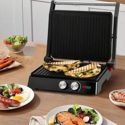 3-In-1 Panini Press With Temperature Control And Timer Function Four-Slice Sandwich Maker With Grill Pan Combination Removable Dishwasher Grill Pan 180° Hinge Design For Indoor Grilling/Flat Grilling 304 Stainless Steel Construction