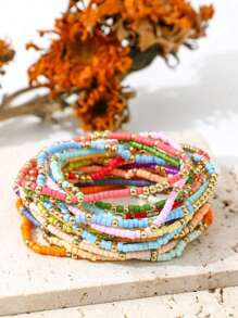 19 Stücke Set aus bunten Boho Harz Perlen und goldfarbenen CCB Perlen Armbänder, Freundschaftsarmbänder für Frauen
