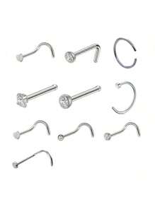 10/12/20/21 Pcs Hypoallergenic 316L Surgical Stainless Steel Nose Rings Hoops - Silvery Nose Piercings - L Shape And Corkscrew Nose Rings