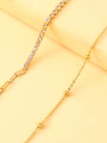 2 Stück Damen Mehrschichtiges goldenes Fußkettchen-Set mit Strass-Perlen-Kette, verstellbarer Sommerstrand Barfuß Accessoire