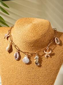 imoli 1pc Boho Style Acrylic Starfish & Shell Pendant Metal Chain Necklace, Beach Vacation Versatile Jewelry For Women, Suitable For Holiday, Party, Beach Travel