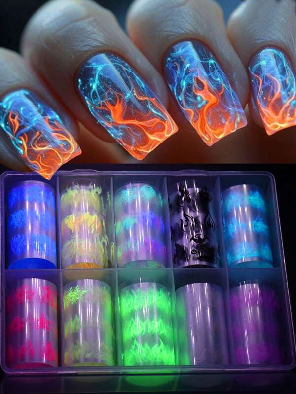 10PCS Fluorescent Flame Nail Art Foils Fire Colorful Prints Transfer Nail Foils Stickers For Autumn Winter Halloween Designs Starry Sky Full Wraps DIY Decals Manicure Supplies For Women Girl