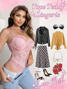 Popiv Women Lingerie Lace Body Suits Teddy Corset Tops Underwire Bodysuit - 淺粉色 - 查看 4