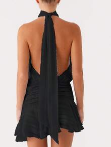 Women's 2025 Summer Halter Dress Sleeveless Open Back Ruffle Layered Chiffon Pleated A Line Swing Mini Dress - 黑色 - 查看 2