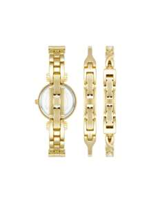 Anne Klein Reloj de pulsera y brazalete con detalles de cristal en tono dorado para mujer con esfera negra brillante. Elegante reloj de pulsera de cuarzo para mujer con brazalete ajustable.